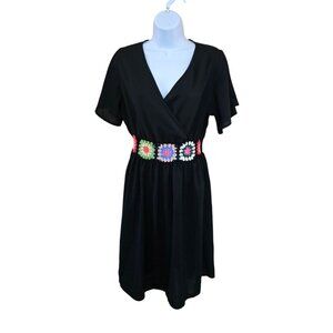 Black Short Sleeve faux Wrap Dress  Vibrant Crochet Waistband boho whimsygoth